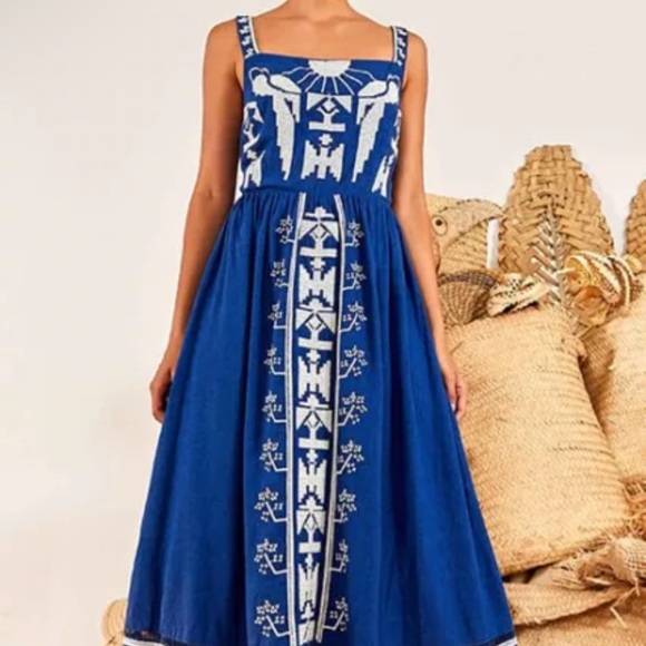 FARM RIO ANTHROPOLOGIE NWOT MACAW EMBROIDERED MAXI BLUE DRESS XS - Picture 9 of 16